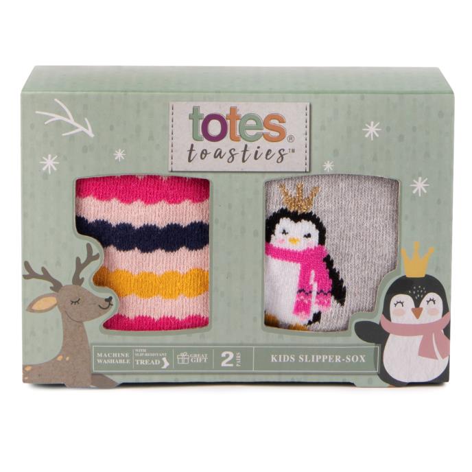 totes toasties Kids Original Novelty Slipper Socks (Twin Pack) Penguin / Stripe Extra Image 3